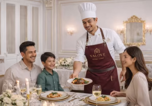 Personal chef profesional sedang menyiapkan hidangan private dining di dapur rumah klien