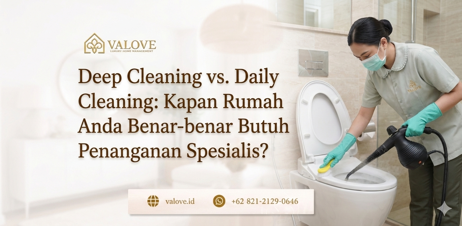 Petugas profesional jasa deep cleaning rumah sedang membersihkan noda membandel pada lantai dan furnitur menggunakan peralatan standar industri